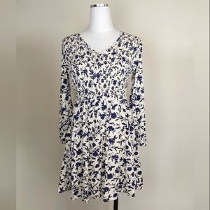 Old Navy Smocked Dress | Navy Blue and White Floral Printed | V Neck
